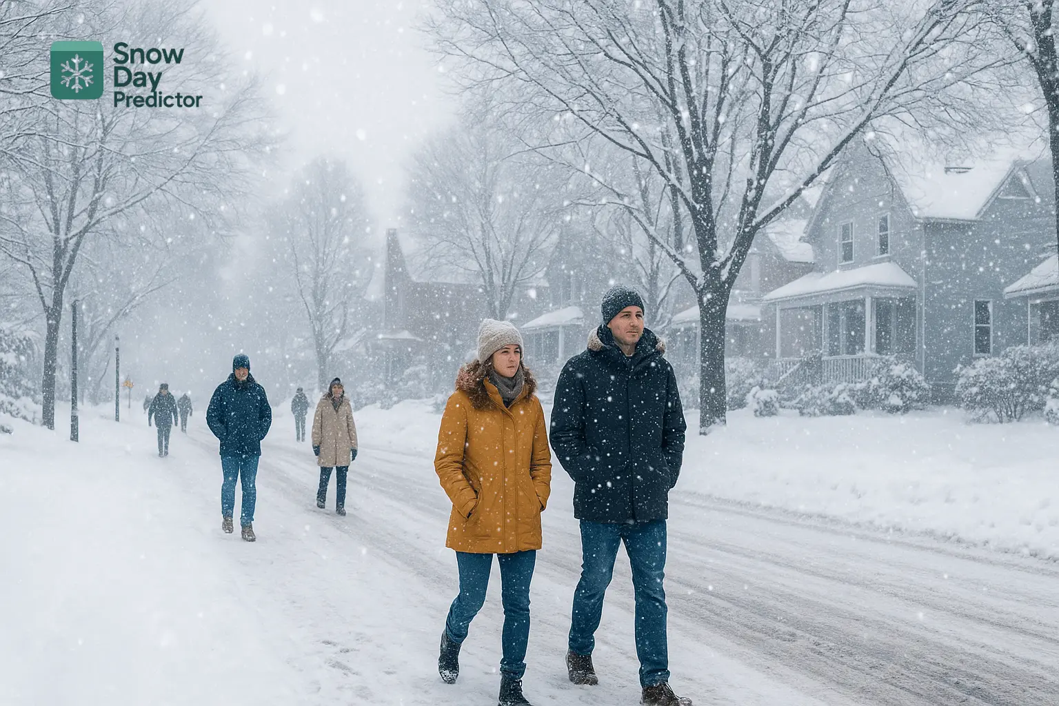 People walking on road wearing winter cloths accordingly using Snow Day Predictor tool